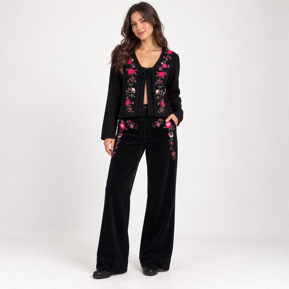 Vintage CLIO 90s Velour Pant Set L Floral Embroidered Y2K